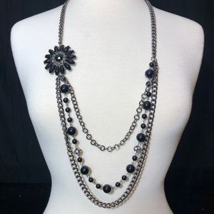 Long Black Flower Layered Chain Beaded Necklace